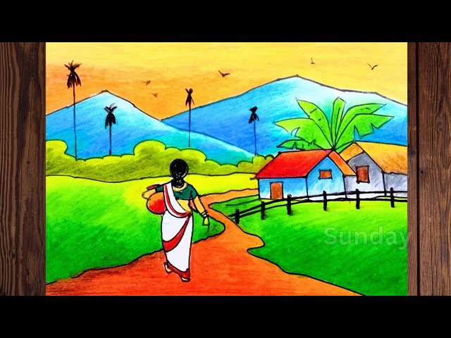 village scene drawing and colour with woman/village girl scenery drawing/গ্রামের দৃশ্য আঁকা ও রং করা
