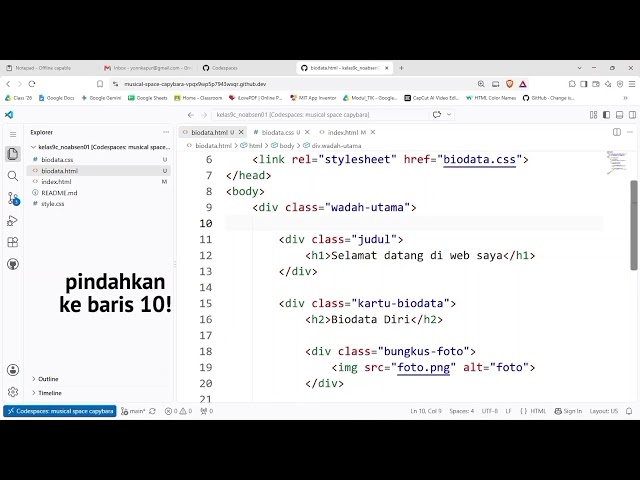 Tutorial coding html di Github Codespaces