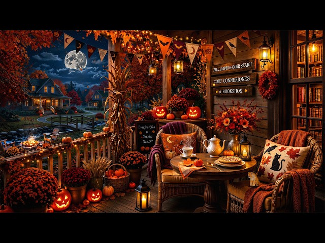 🎃Cozy Halloween Porch on an Autumn Night | Halloween Night Jazz,Pumpkin & Fireplace Sounds for Sleep