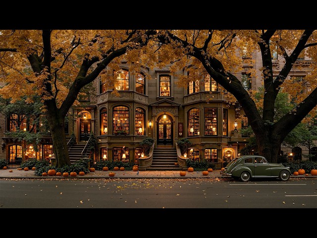 Autumn Jazz Playlist on a Golden New York Street 🍂 Warm Old Library for Reading, Focus & Relaxation☕