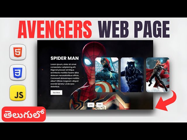 Avengers Landing Page Using HTML CSS & JavaScript in Telugu | JavaScript Mini projects