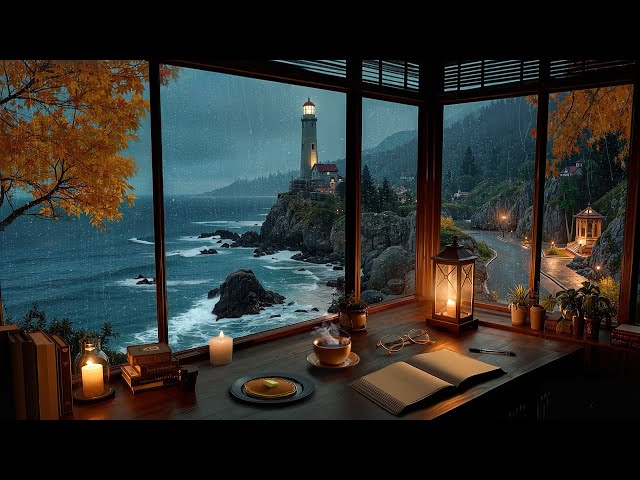 Rainy Seaside Study Room Ambience 🌧️ Warm Jazz & Rain Sounds for Study and Relaxation