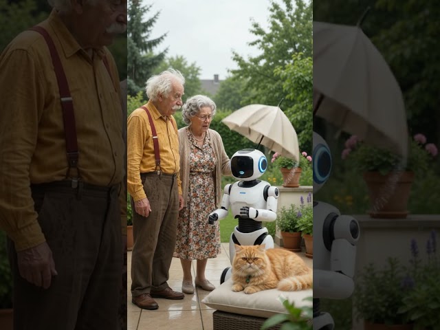 The robot only protects Sir Jackson from the rain – the cat comments in Saxon dialect! 😂☔🐱