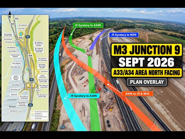 M3 J9 Winchester Update | Future Road Layout Mapped onto Drone Footage - North facing