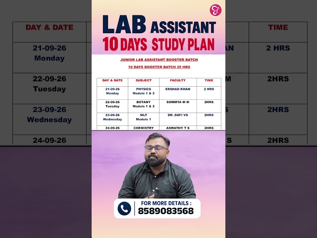 JUNIOR LAB ASSISTANT 10 ദിവസം 25 മണിക്കൂർ ലൈവ് ക്ലാസുമായി Booster Batch ആരംഭിക്കുന്നു.
