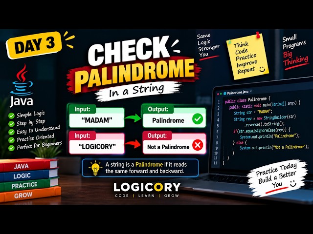 Java Program to Check Palindrome String | LEVEL Example | PalindromeString.java | #3