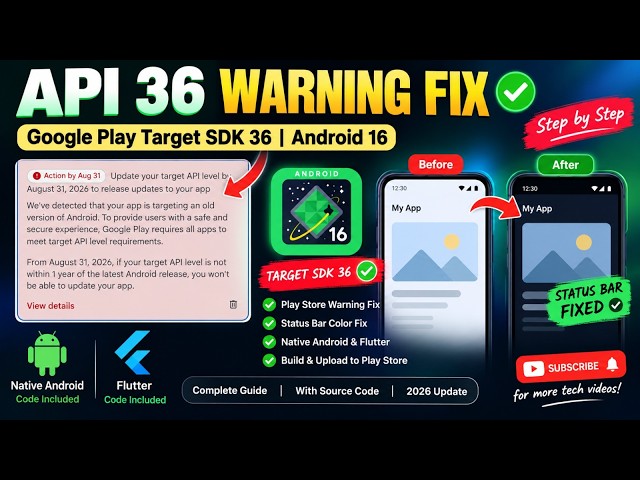 Android 16 API 36 Warning Fix | Google Play Console Target SDK 36 | Native Android & Flutter