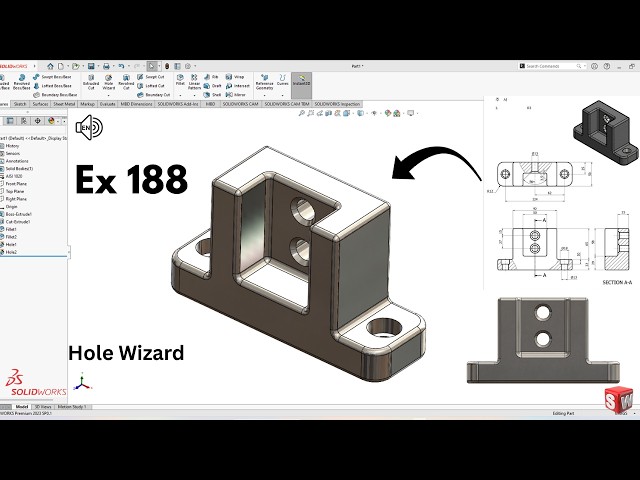SolidWorks Tutorial Exercise 188 for beginners! SolidWorks Hole Wizard