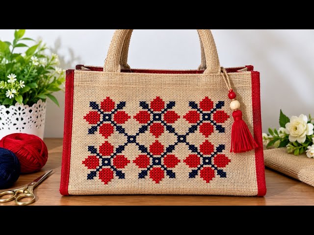 Beautiful Cross Stitch Jute Bag | Easy Hand Embroidery Design | DIY Jute Purse Bag 