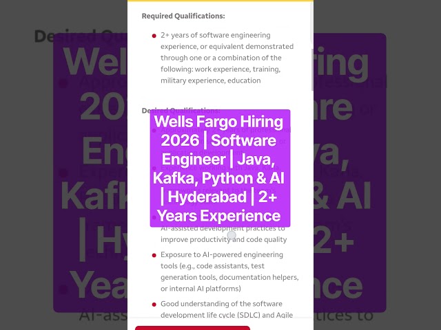 Wells Fargo Hiring 2026 | Software Engineer | Java, Kafka, Python & AI | Hyderabad