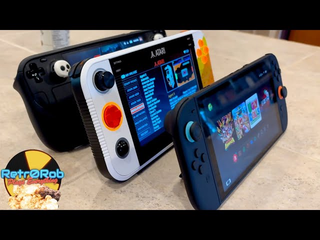 Atari Gamestation Pro, Steam Deck OLED, and Nintendo Switch 2 Size Side by Side