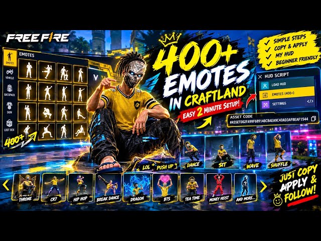 🔥 400+ ALL EMOTES IN CRAFTLAND! 😱 | EASY 2-MINUTE HUD METHOD | FREE FIRE