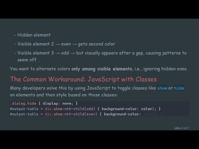 How to Alternate Background Color on Only Visible Elements with CSS Using :nth-child() and of Selec