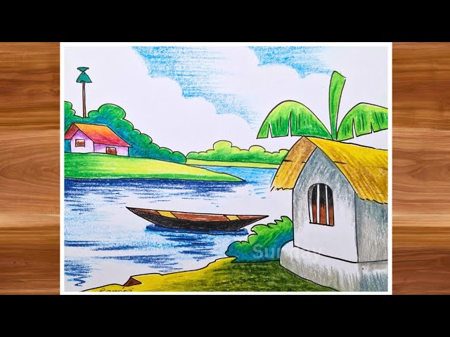how to draw a beautiful village side scenery drawing - গ্রামের দৃশ্য সিনারি ড্রয়িং pastel drawing