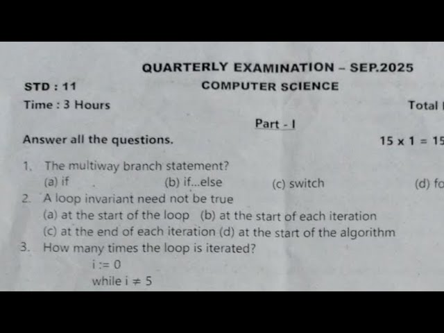 11th Computer science Quarterly Exam question paper 2025. @Viji Tuition @Madurai District