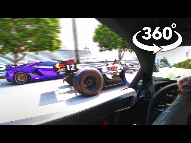 360 VR | Lamborghini vs Formula 1 - real race on Miami streets. Real footage