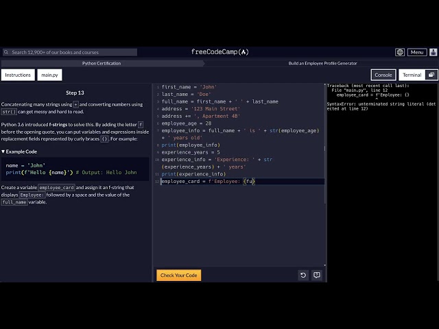 FreeCodeCamp - Python Project  - Step 13 of 18 - Employee Profile Generator