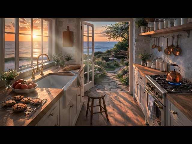Sunset Cottage Kitchen 🌊 24/7 Live Ocean Waves & Spring Coastal Ambience | Focus, Relax (No Ads)