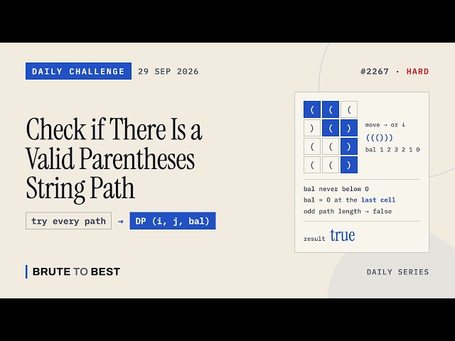 LeetCode Daily #2267: 29 Sep 2026 | Valid Parentheses String Path, Grid DP Explained