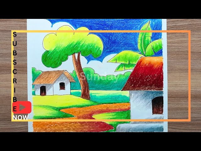 how to draw a village scenery landscape drawing/pastel drawing scenery/গ্রামের দৃশ্য সিনারি ড্রয়িং