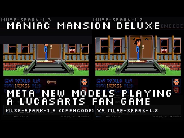 Meta Muse Spark 1.3 and 1.2 play Maniac Mansion Deluxe (LucasArts fan game)