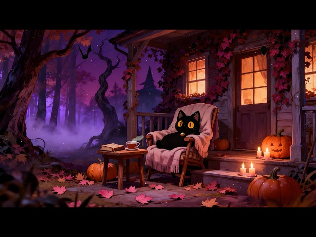 Cozy Halloween Porch 🎃 Lofi Cat | Chill Lofi Music [Halloween Night & Cozy Forest Ambience]
