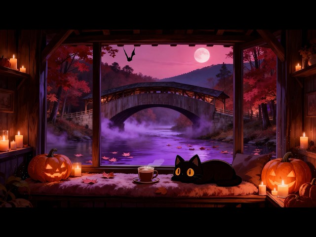 Cozy Halloween Cabin 🎃 Lofi Cat | Relaxing Lofi Music [Moonlight River & Warm Candle Glow]