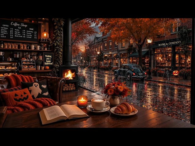 Golden Leaves Drift Past a New England Bakery Café 🍂 Rainy Autumn Jazz & Spooky Halloween for Focus