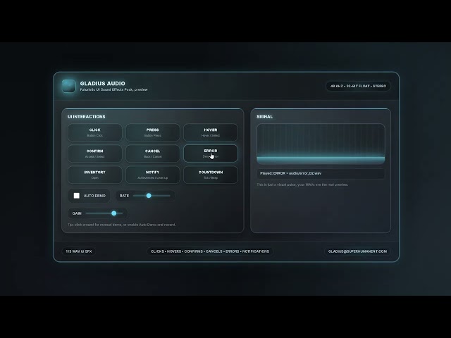 Futuristic UI Sound Effects Pack (113 SFX) , Clicks, Hovers, Confirms, Errors | GLADIUS AUDIO