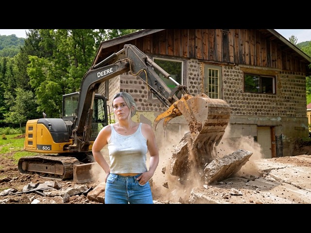 Demolishing Part Of Our Cordwood House w/ Old Excavator & Dump Truck