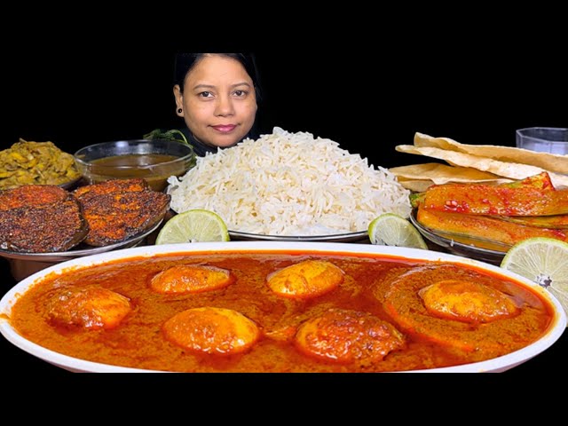 EATING SPICY EGG CURRY, MASALA BRINJAL FRY, BLACK DAL, RICE, MOCHA SABJI & SPICY SALAD | EATING SHOW