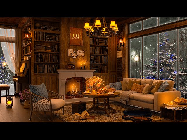 Cozy Night Coffee Shop Ambience with Warm Piano Jazz Music and Fireplace Sounds to Work, Relax