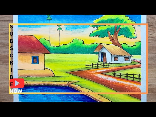 how to draw a village scenery drawing-most easy steps/landscape drawing/scenery drawing