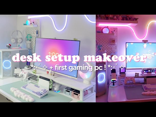 cozy desk setup makeover 🎀 first gaming PC, nzxt player one unboxing, aesthetic cute decor + tour
