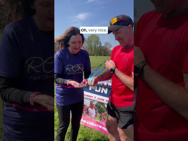 Wythall & Hollywood Fun Run medal reveal 2026 with Sonia Tudor and Mat Wright