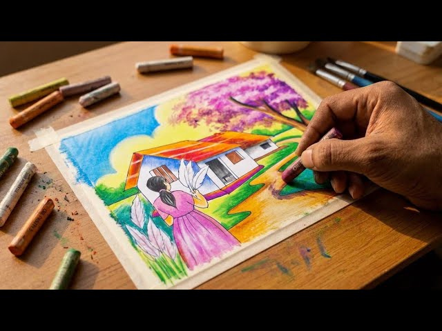 Easy Autumn Village Scenery Drawing with Oil Pastels | Step-by-Step Art Tutorial গ্রামের দৃশ্য