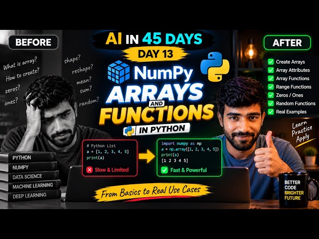 AI in 45 Days 🔥 Day 13| NumPy Part 1 Full Tutorial 🚀 Arrays, Basics, Operations Explained