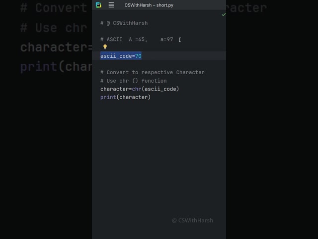 How to find the ASCII value of a character in python #cswithharsh #pythontutorial #python #shorts