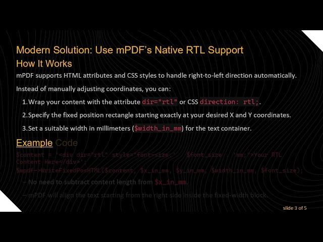 Writing RTL Text at Specific Coordinates in PHP mPDF Without Manual Position Adjustment