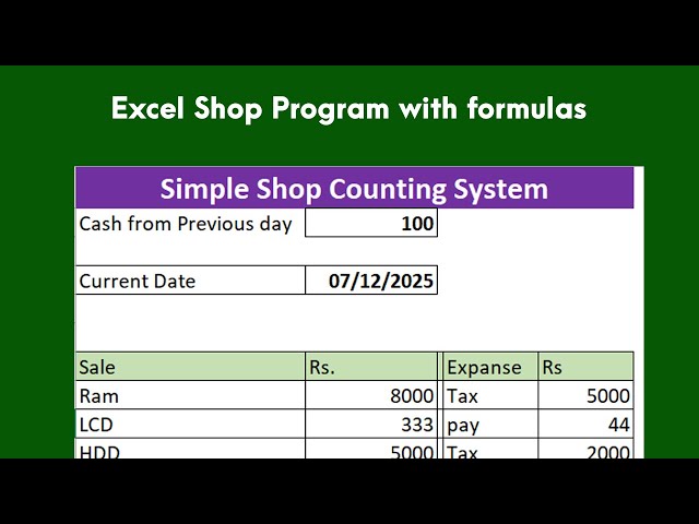 Excel Shop Program with formulas