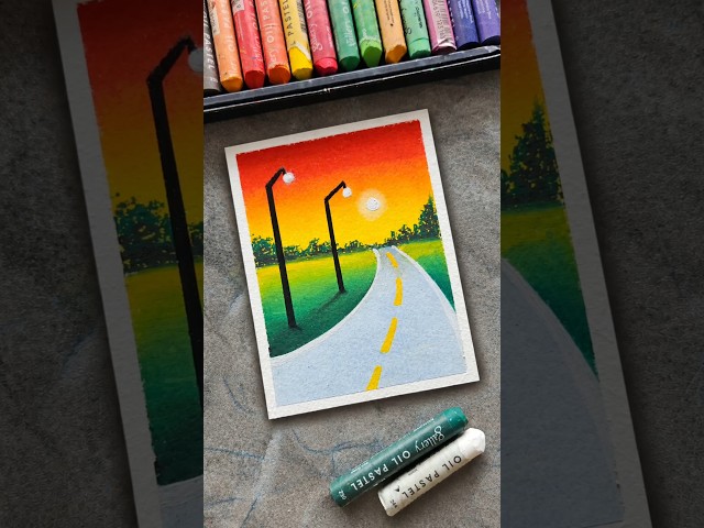 Easy Sunset Road Scenery Drawing with Oil Pastels | Step-by-Step Tutorial