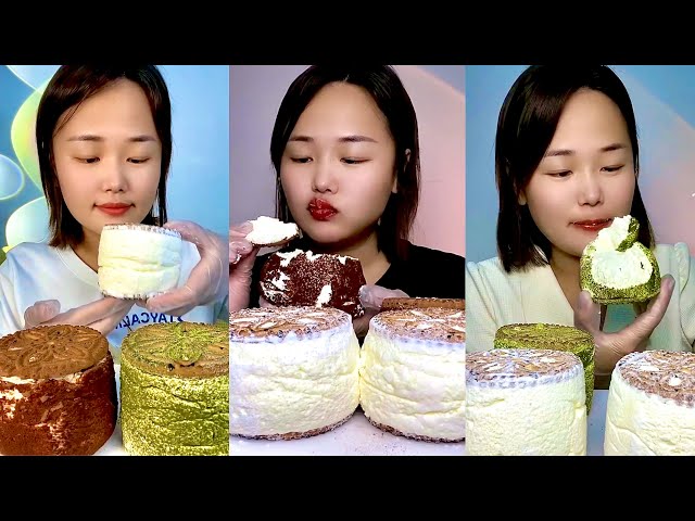 asmr mukbang - matcha pudding, chocolate layer cake, whipped cream dessert eating sound