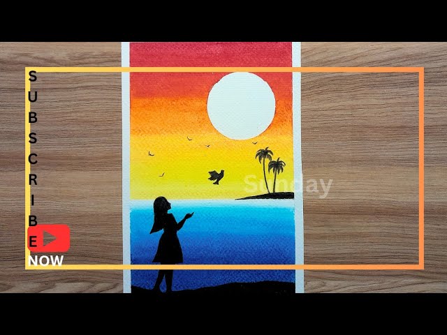 Beautiful girl scenery drawing/Sunset scenery drawing/Sunset Silhouette drawing