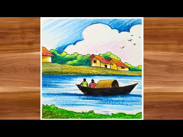 how to draw a beautiful village side scenery drawing - গ্রামের দৃশ্য সিনারি ড্রয়িং pastel drawing