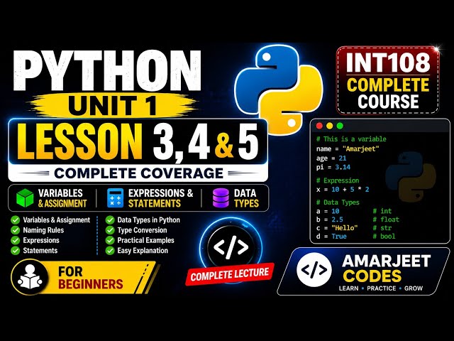 Python Unit 1 | Lesson 3, 4 & 5 | Variables, Assignment, Expression, Statement &Data Types | INT108