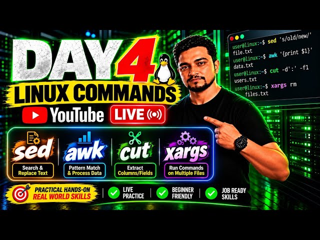 🔴 LIVE: 🔥 10 Linux Commands You MUST Know for DevOps! | sed, awk, cut, xargs & More | DAY 4 LIVE