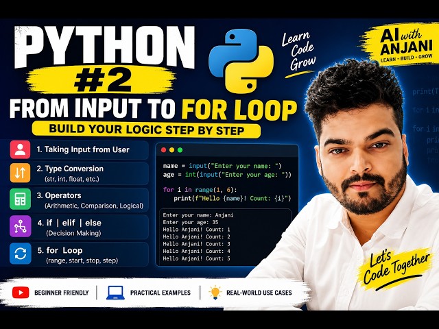 Python Tutorial #2 | User Input, Type Conversion, Operators, If-Else & For Loop