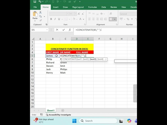 How to use concatenate function in ms excel.#excel #dataanlysis #concatenate