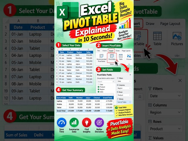 Excel PivotTable Explained in 10 Seconds! 📊 | Analyze Data Like a Pro #Shorts