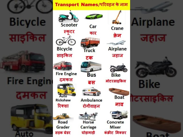 Transport names/Vehicles name/Transports Name In Hindi & English/वाहनों के नाम/ #Simple Gyan
